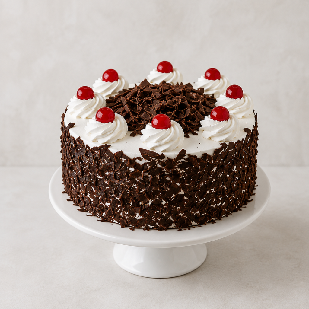 Black forest cake with chocolate sponge,fresh whipped cream and cherries by nahal bakes