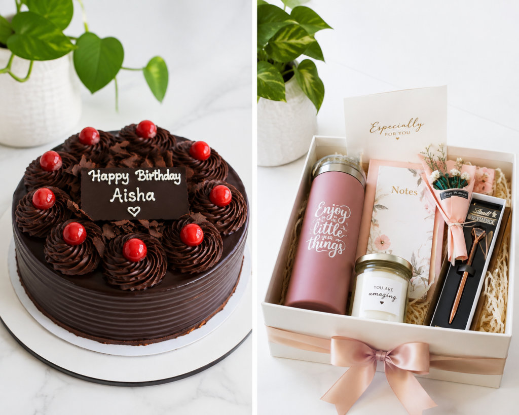 Chocolate cake topped with red cherries placed next to a customized gift hamper by nahal bakes