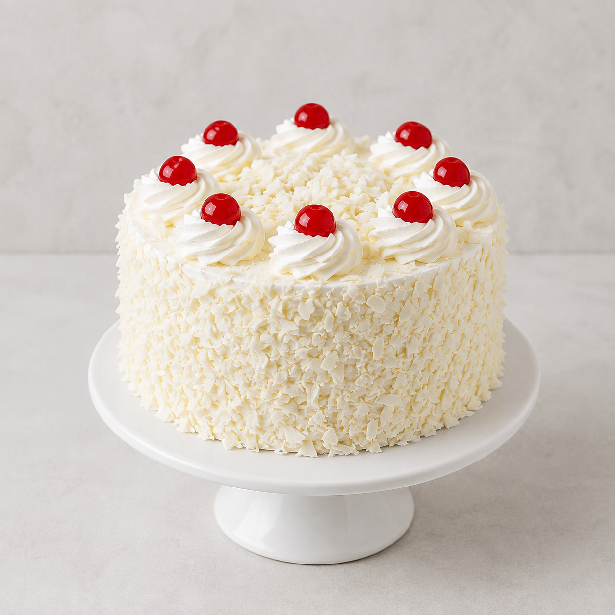 White forest cake with whipped cream and chocolate topping